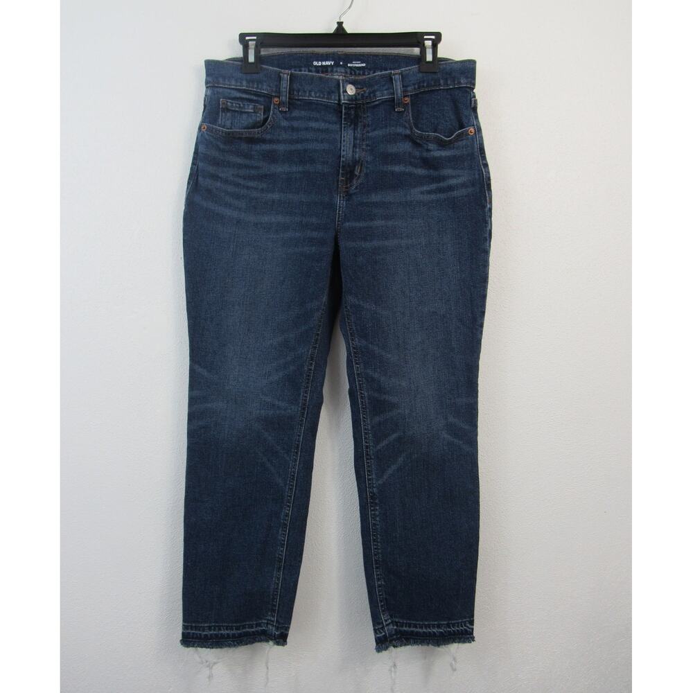 Old Navy Size 8 Mid-Rise Boyfriend Jeans Dark Blue Denim Frayed Hems